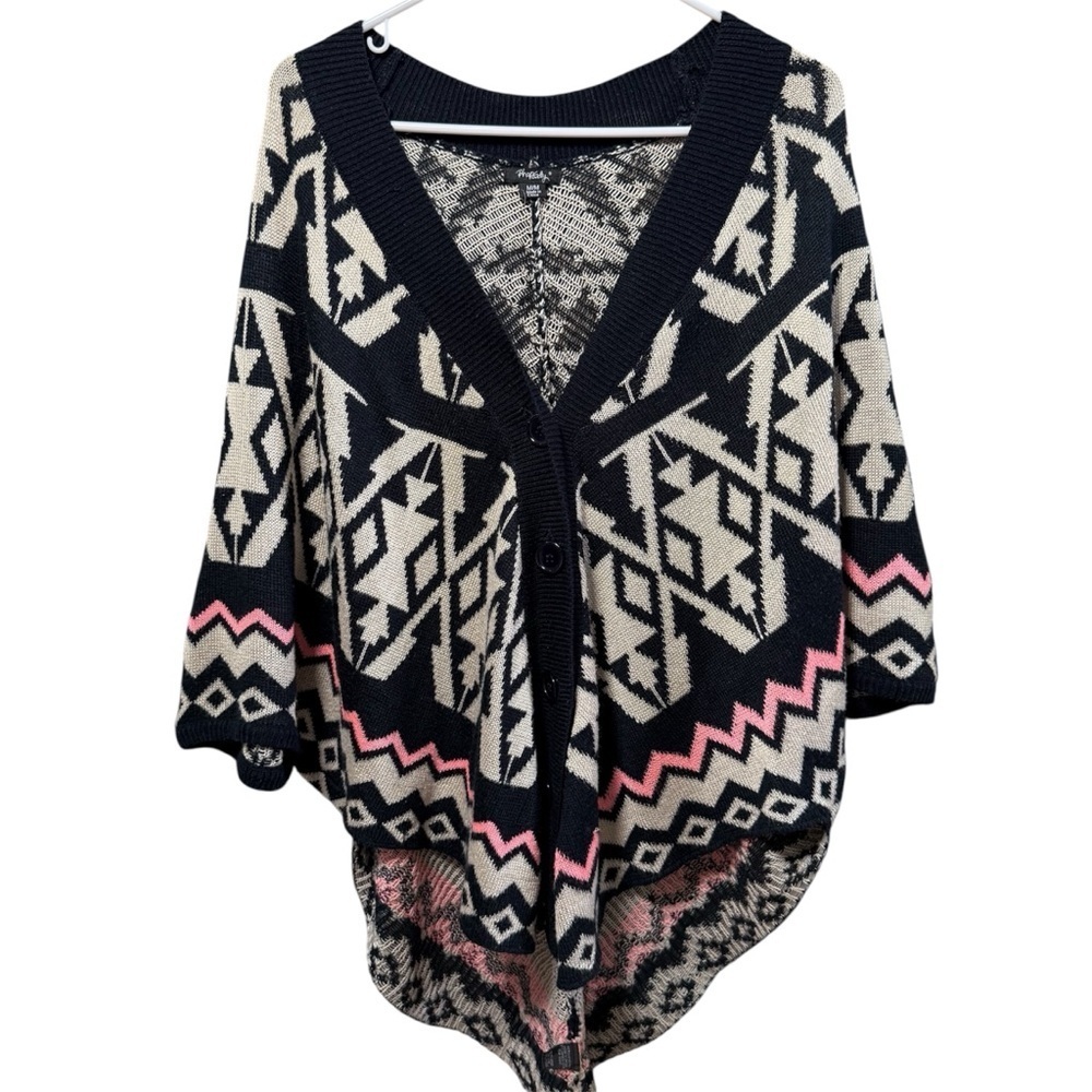 Rhapsody Colorful Blue and Beige Geometric Cardigan Sweater Poncho Size Medium